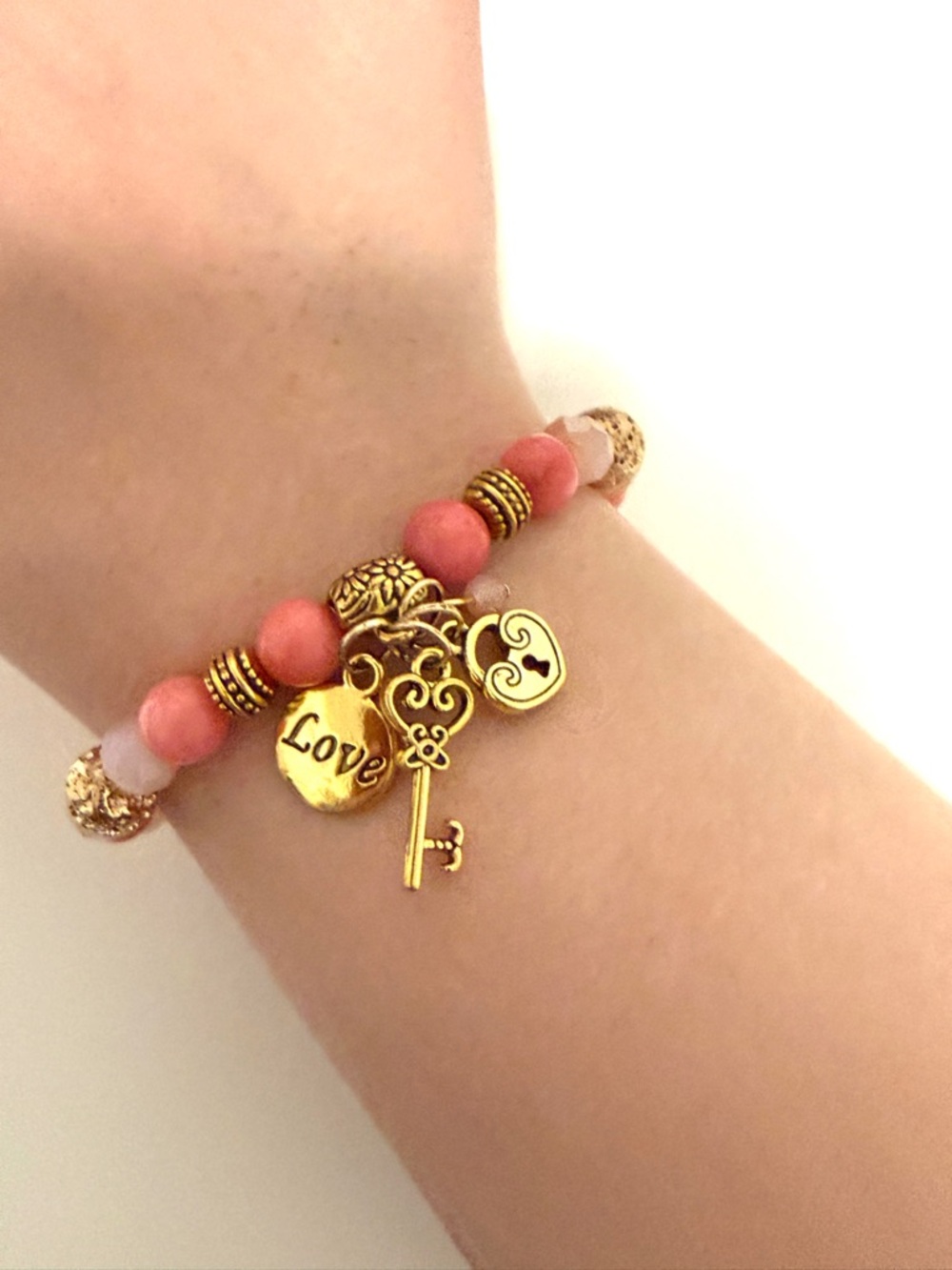 Gold Charm Pink Beaded 'Love' Bracelet